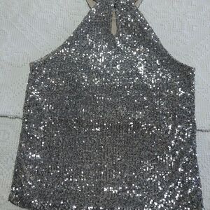 Cable & Gauge Sequins Silver Halter Tank Top Size M